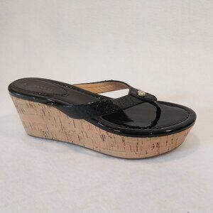 Coach 6.5 Strappy Sandal Wedge Cork Black Patent Leather Jorgina Signature Thong